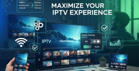 Modern living room scene showing a large TV and multiple devices (phone, tablet, laptop) streaming an IPTV interface, overlaid with icons for Wi‑Fi, speed test, HD quality settings, and analytics, with the headline “Maximize your IPTV experience” and a person relaxing on a sofa in the background.