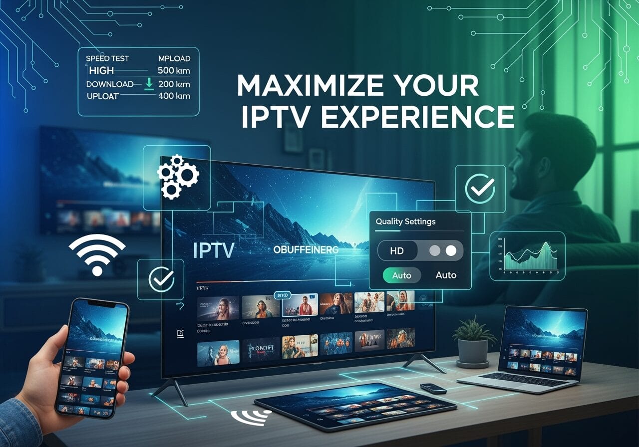 Modern living room scene showing a large TV and multiple devices (phone, tablet, laptop) streaming an IPTV interface, overlaid with icons for Wi‑Fi, speed test, HD quality settings, and analytics, with the headline “Maximize your IPTV experience” and a person relaxing on a sofa in the background.