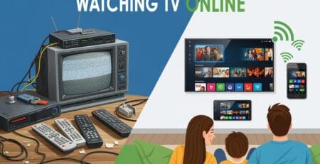Split-screen illustration contrasting an old CRT TV with static, tangled cables, and multiple remotes on the left with a family streaming shows on a smart TV via phone/tablet and Wi‑Fi on the right under the title “WATCHING TV ONLINE.”