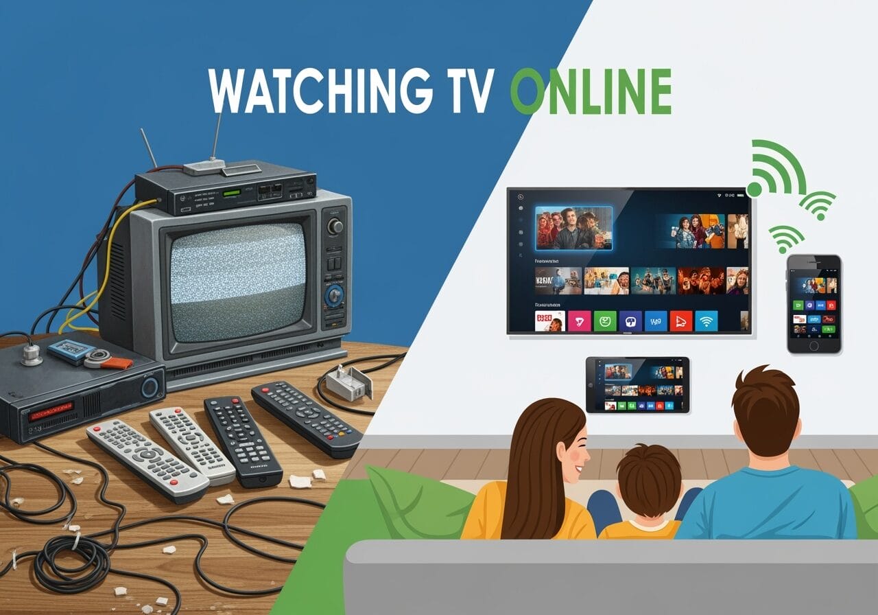 Split-screen illustration contrasting an old CRT TV with static, tangled cables, and multiple remotes on the left with a family streaming shows on a smart TV via phone/tablet and Wi‑Fi on the right under the title “WATCHING TV ONLINE.”