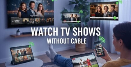 Living-room scene of a person streaming shows and sports across a TV, laptop, tablet, and smartphone with Wi‑Fi icons, overlaid with the text “Watch TV Shows Without Cable.”
