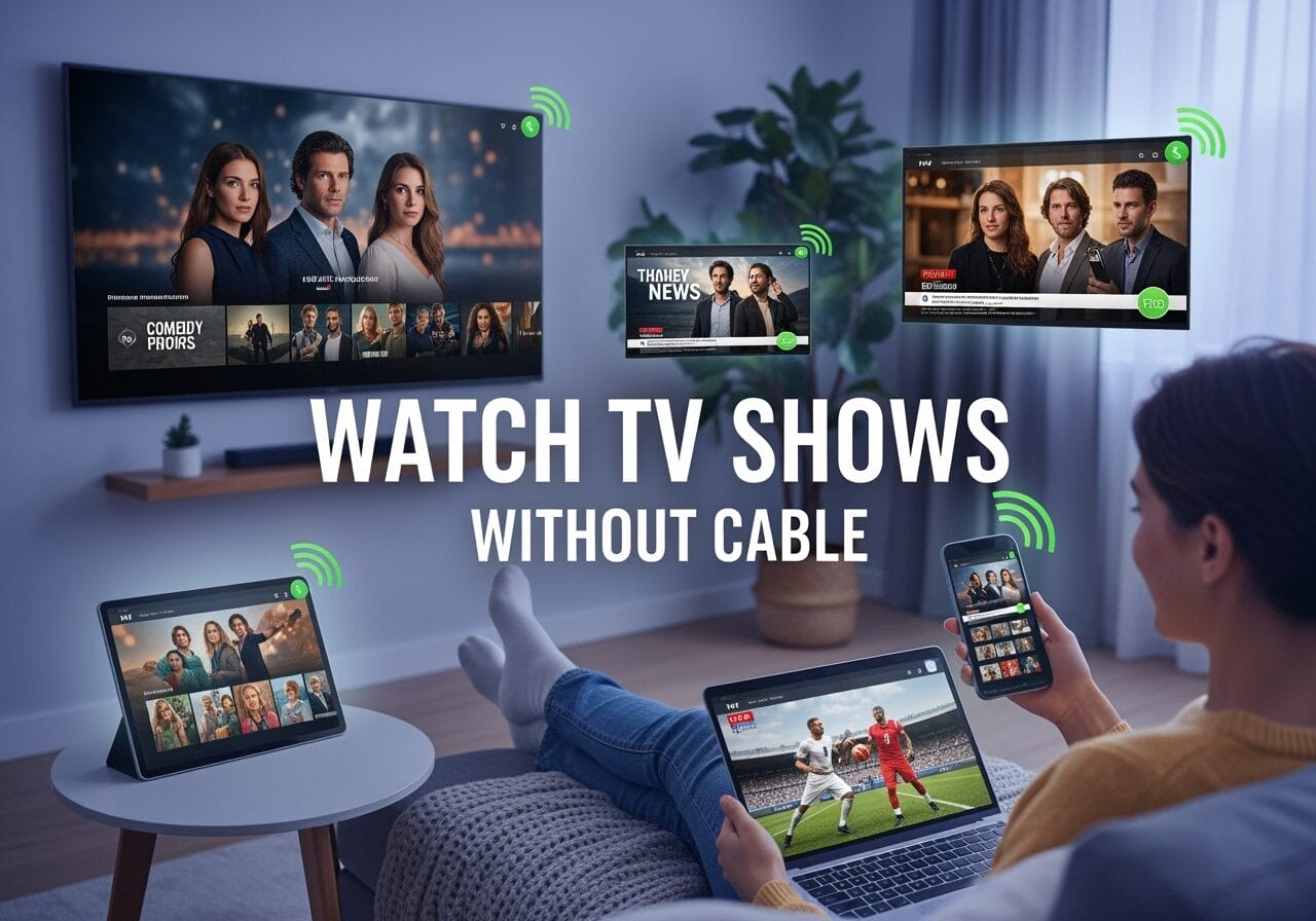 Living-room scene of a person streaming shows and sports across a TV, laptop, tablet, and smartphone with Wi‑Fi icons, overlaid with the text “Watch TV Shows Without Cable.”