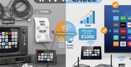 Split-screen infographic comparing IPTV and cable: the cable side shows an old TV with tangled cords and a receipt reading “High Bill 40.00,” while the IPTV side features wireless streaming to TV, tablet, and phone with checkmarks, a cost chart and “affordable pricing,” plus icons for channel variety and flexibility.