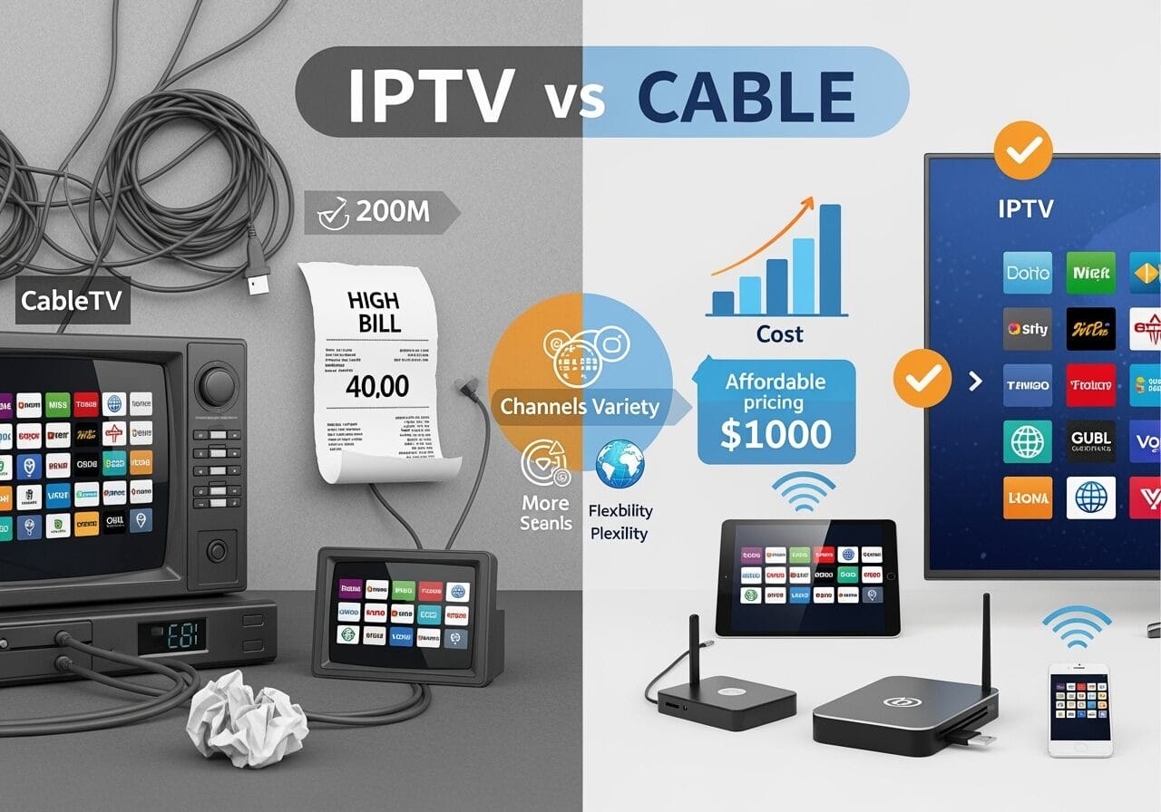 Split-screen infographic comparing IPTV and cable: the cable side shows an old TV with tangled cords and a receipt reading “High Bill 40.00,” while the IPTV side features wireless streaming to TV, tablet, and phone with checkmarks, a cost chart and “affordable pricing,” plus icons for channel variety and flexibility.