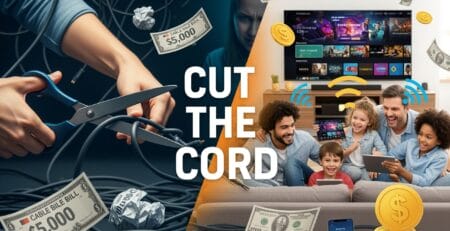 Split-screen graphic with “CUT THE CORD” text: hands cutting tangled cable wires and a pricey $5,000 cable bill on the left, and a smiling family streaming on a smart TV and tablets via Wi‑Fi with dollar bills and coins suggesting savings on the right.