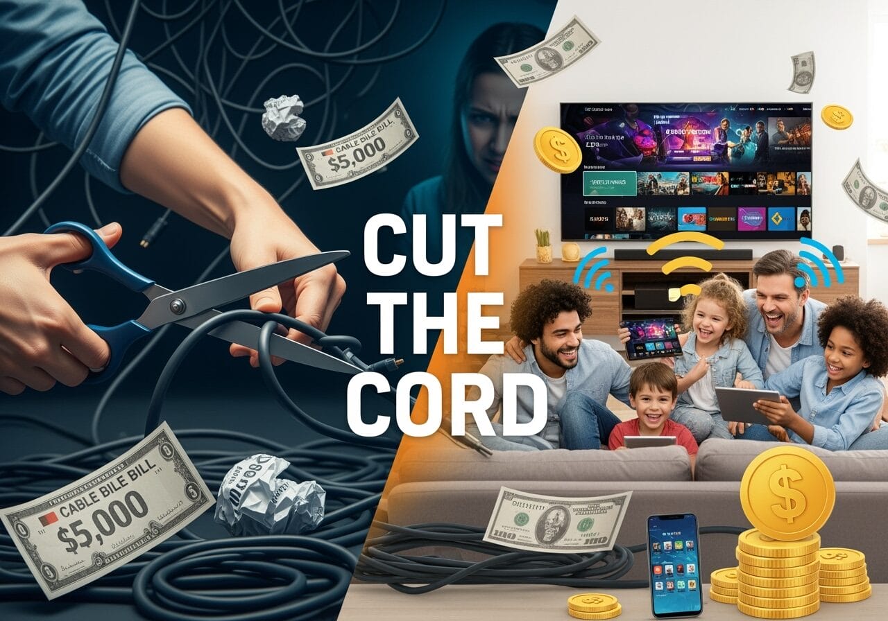 Split-screen graphic with “CUT THE CORD” text: hands cutting tangled cable wires and a pricey $5,000 cable bill on the left, and a smiling family streaming on a smart TV and tablets via Wi‑Fi with dollar bills and coins suggesting savings on the right.