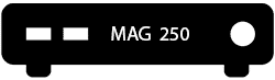 Black front-view silhouette of a MAG 250 set-top box with the model name centered on the face.