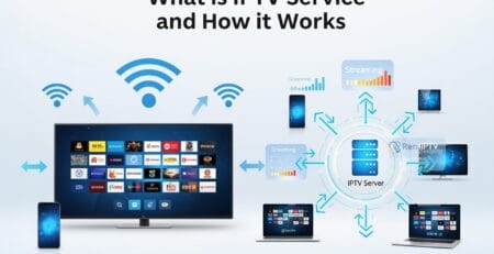 Infographic titled “What is IPTV Service and How it Works” showing an IPTV server distributing streaming content via the internet to TVs, smartphones, and laptops, with arrows and Wi‑Fi icons illustrating multi‑device delivery.