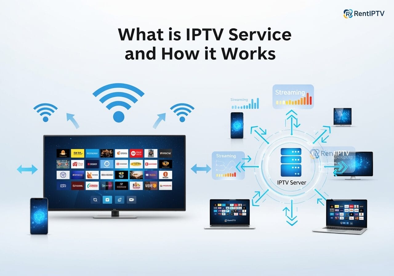 Infographic titled “What is IPTV Service and How it Works” showing an IPTV server distributing streaming content via the internet to TVs, smartphones, and laptops, with arrows and Wi‑Fi icons illustrating multi‑device delivery.