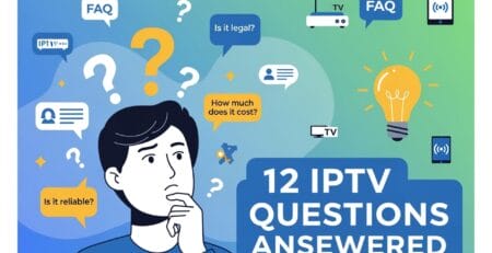Illustration of a person thinking amid question marks, IPTV-related speech bubbles (“Is it legal?”, “Is it reliable?”, “How much does it cost?”), device icons, a lightbulb, and the headline “12 IPTV Questions Answered.”