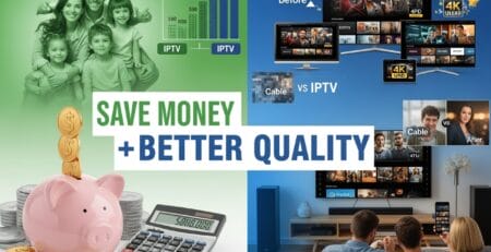 Split-screen ad comparing IPTV to cable: left shows “Save Money” with a family, a rising bar chart, and a piggy bank with coins and a calculator; right shows “Better Quality TV” with multiple 4K screens and a couple on a couch, with text “Cable vs IPTV” and “SAVE MONEY + BETTER QUALITY” across the center.