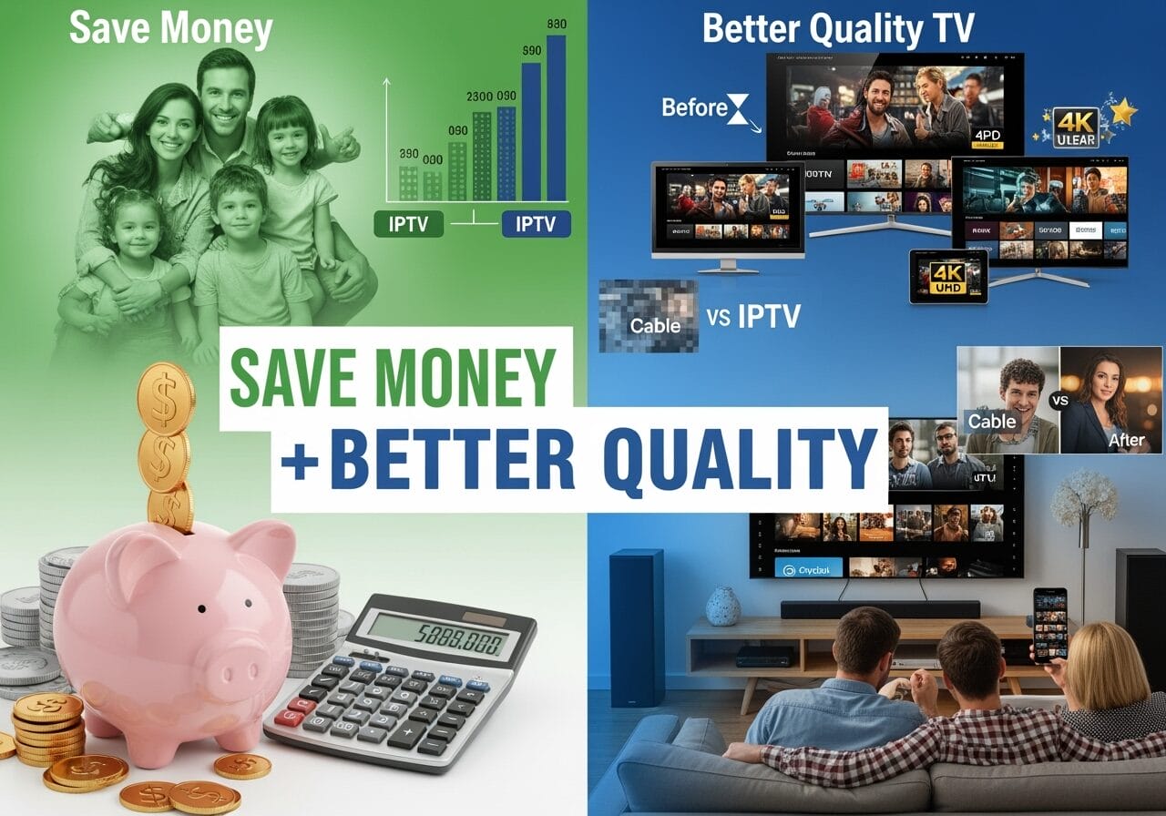 Split-screen ad comparing IPTV to cable: left shows “Save Money” with a family, a rising bar chart, and a piggy bank with coins and a calculator; right shows “Better Quality TV” with multiple 4K screens and a couple on a couch, with text “Cable vs IPTV” and “SAVE MONEY + BETTER QUALITY” across the center.