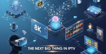 Futuristic infographic showing the next big thing in IPTV: AI-powered recommendations, 8K streaming, cloud-based servers with data flowing into a central chip/brain, and multiple connected screens and a VR headset.