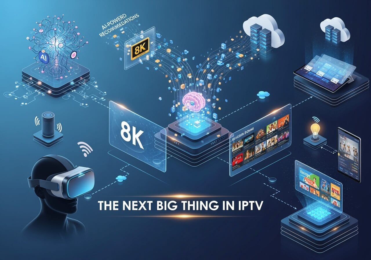 Futuristic infographic showing the next big thing in IPTV: AI-powered recommendations, 8K streaming, cloud-based servers with data flowing into a central chip/brain, and multiple connected screens and a VR headset.
