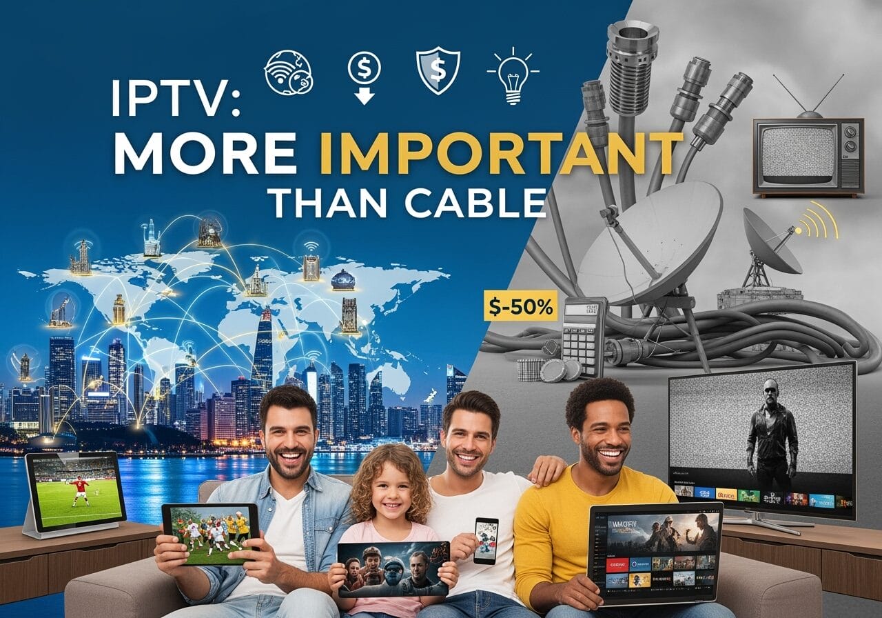 Promotional graphic reading “IPTV: More Important Than Cable” shows smiling people streaming on tablets, phone, laptop, and TV against a colorful global network, contrasted with a gray tangle of cables, satellite dishes, and a static TV, with icons for savings, security, and a “50% off” tag.