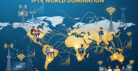 Illustrated world map titled “IPTV World Domination” with glowing connection lines linking continents, Wi‑Fi icons and broadcast towers, growth charts, and diverse people using IPTV on TVs, laptops, and phones to depict global streaming expansion.