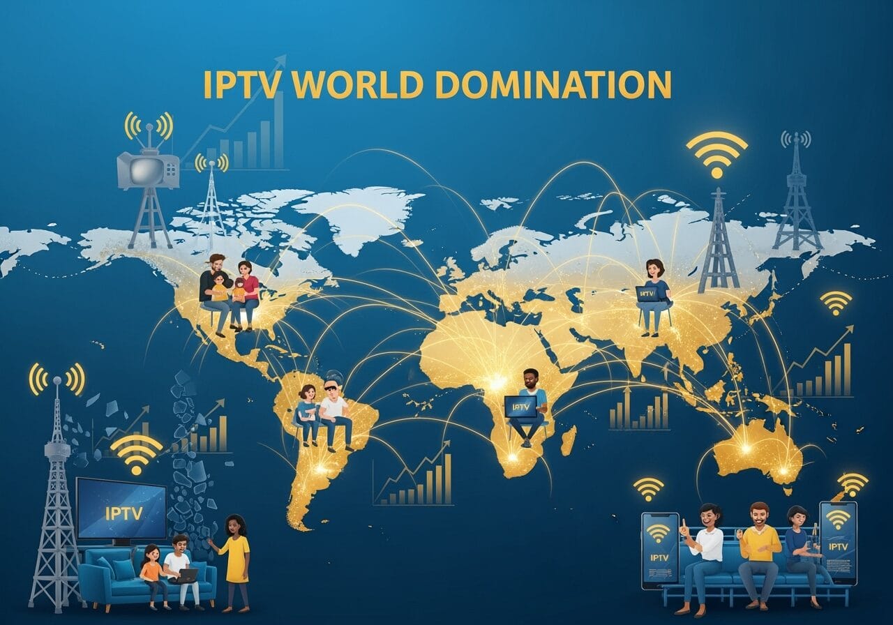 Illustrated world map titled “IPTV World Domination” with glowing connection lines linking continents, Wi‑Fi icons and broadcast towers, growth charts, and diverse people using IPTV on TVs, laptops, and phones to depict global streaming expansion.