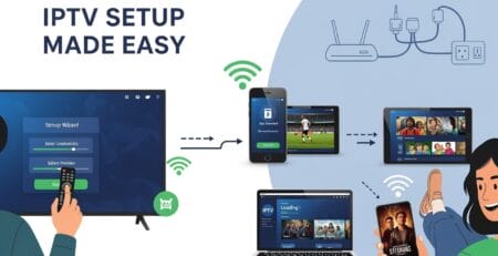 Infographic titled “IPTV Setup Made Easy” shows a step-by-step process: a TV setup wizard to enter credentials and select a provider, a phone app download, Wi‑Fi connectivity via a router, and streaming on tablet, laptop, and smartphone illustrated with arrows and signal icons.
