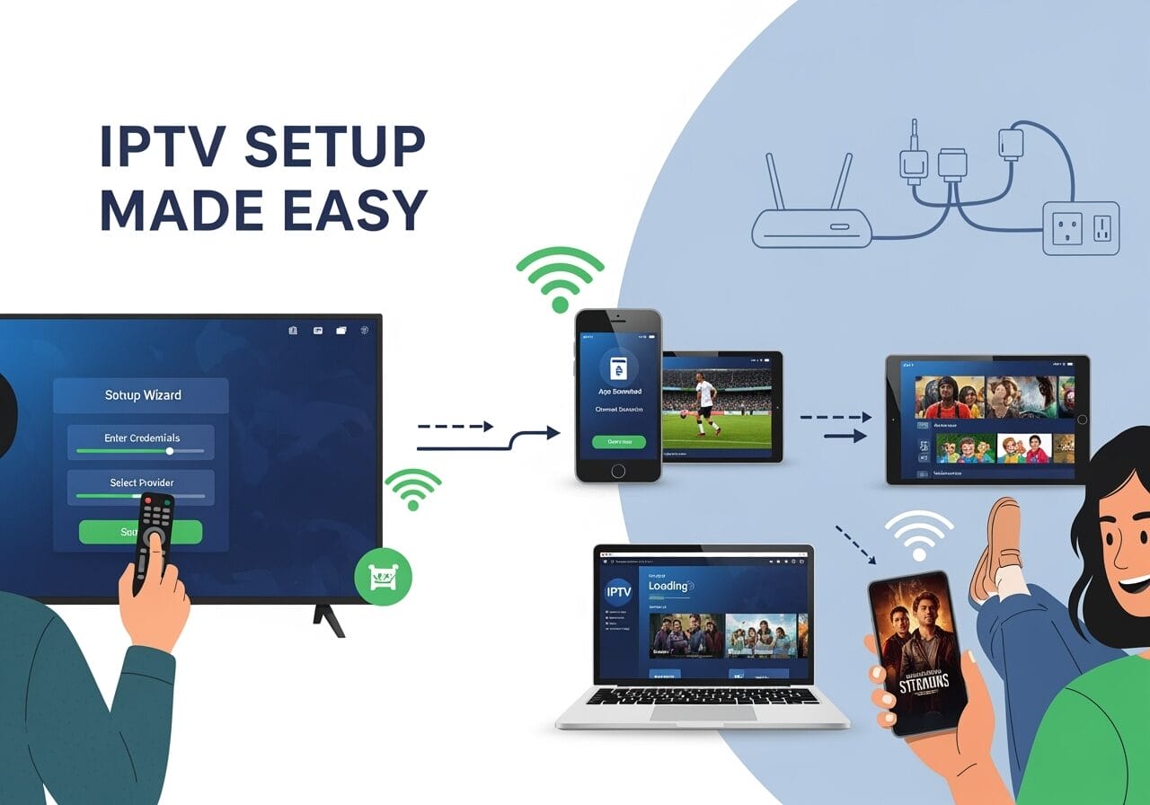 Infographic titled “IPTV Setup Made Easy” shows a step-by-step process: a TV setup wizard to enter credentials and select a provider, a phone app download, Wi‑Fi connectivity via a router, and streaming on tablet, laptop, and smartphone illustrated with arrows and signal icons.
