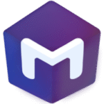 Purple-to-blue gradient 3D hexagonal cube icon with a white, rounded, stylized letter M centered.