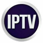 Circular IPTV logo with bold white letters on a dark blue background and a gray ring border.