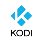 Kodi logo with four blue rounded diamond shapes forming a stylized letter K on a black background.