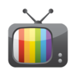 Gray retro TV with rabbit-ear antenna displaying vertical rainbow test pattern bars on the screen.