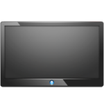 Black widescreen flat-panel TV or monitor with a dark screen and a blue power indicator at the bottom center.
