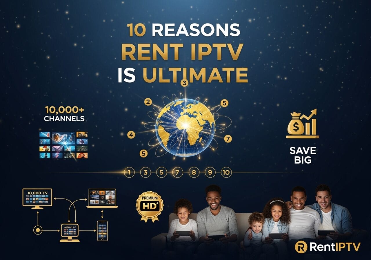 Promotional graphic for RentIPTV titled “10 Reasons Rent IPTV Is Ultimate,” showing a connected world globe, icons for 10,000+ channels and “Save Big,” a device compatibility diagram with a Premium HD badge, and a smiling family using multiple screens, with the RentIPTV logo at the bottom.