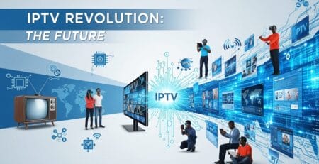 Graphic titled “IPTV Revolution: The Future” contrasts a vintage TV with a modern IPTV screen and a flow of digital content panels, showing people using smartphones, tablets, laptops, and VR headsets to illustrate internet-based television.