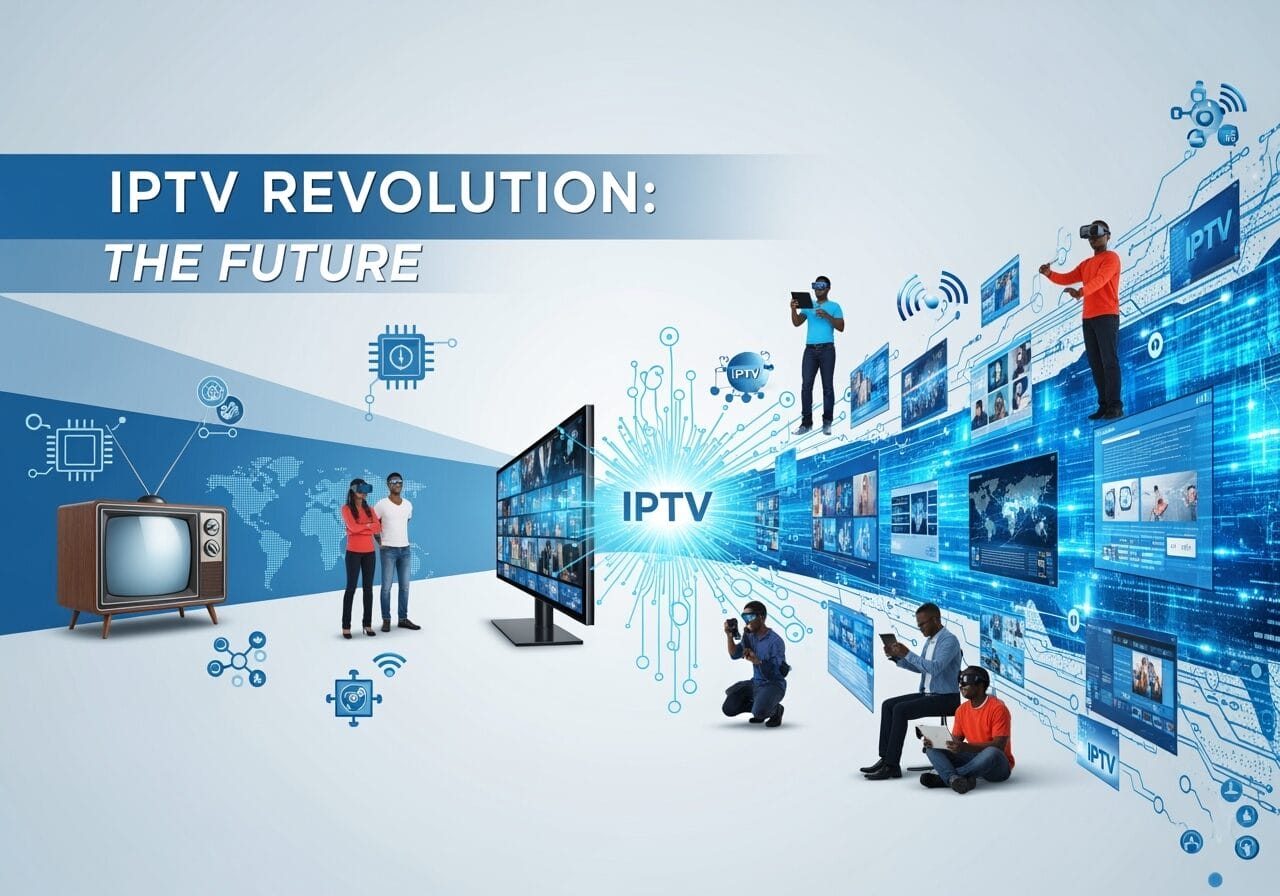 Graphic titled “IPTV Revolution: The Future” contrasts a vintage TV with a modern IPTV screen and a flow of digital content panels, showing people using smartphones, tablets, laptops, and VR headsets to illustrate internet-based television.