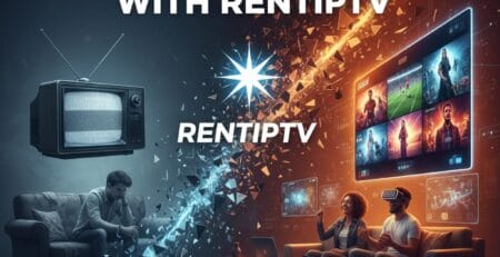Split-screen ad contrasts a gloomy living room with a static-filled CRT and a bored man against a bright, futuristic setup where two people enjoy streaming and VR, under the headline “Revolutionize Your Viewing with RENTIPTV” and the RENTIPTV logo.