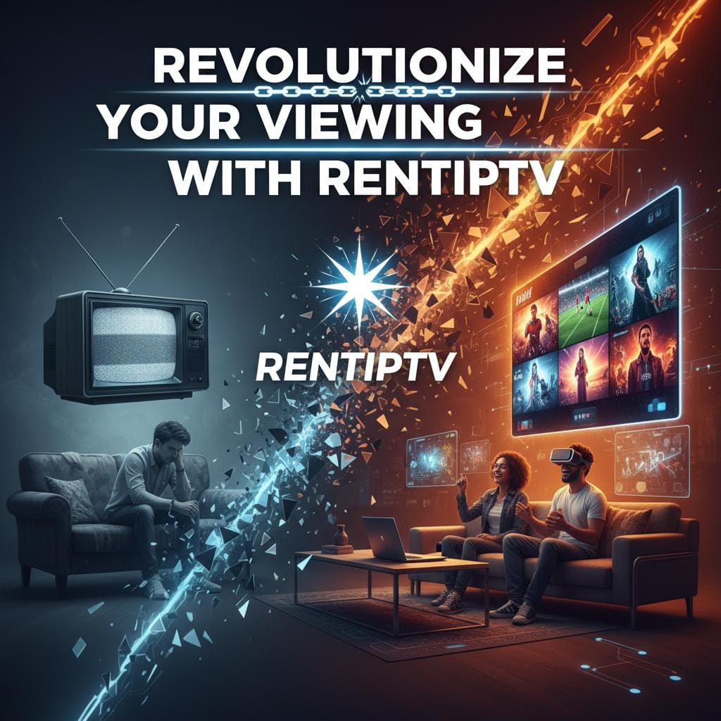 Split-screen ad contrasts a gloomy living room with a static-filled CRT and a bored man against a bright, futuristic setup where two people enjoy streaming and VR, under the headline “Revolutionize Your Viewing with RENTIPTV” and the RENTIPTV logo.