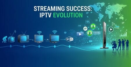Illustration with the headline Streaming Success: IPTV Evolution, depicting the progression from old analog TVs to Wi‑Fi–connected smart screens and an IPTV hub, with a world map and streaming, IP, and analytics icons.