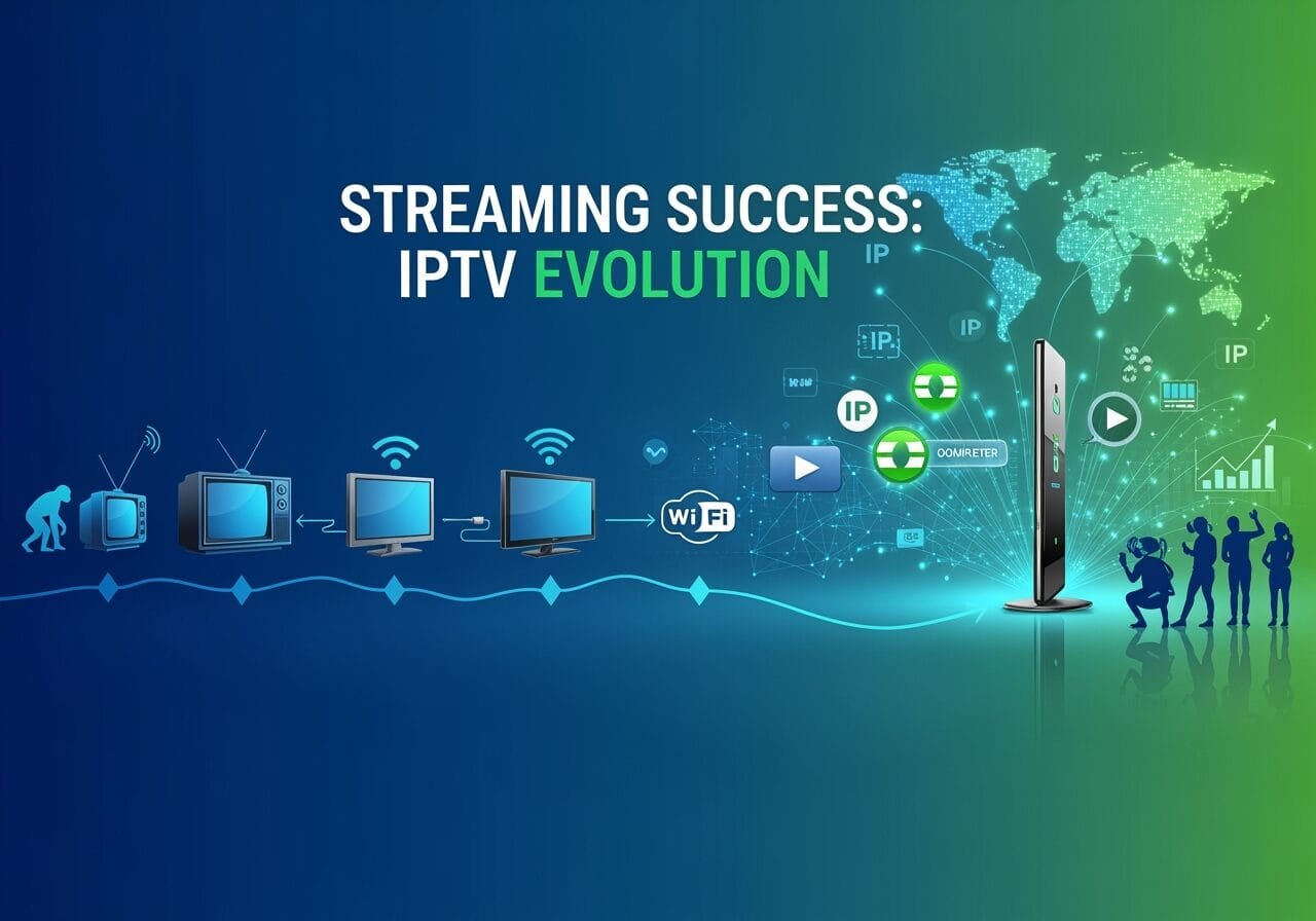 Illustration with the headline Streaming Success: IPTV Evolution, depicting the progression from old analog TVs to Wi‑Fi–connected smart screens and an IPTV hub, with a world map and streaming, IP, and analytics icons.