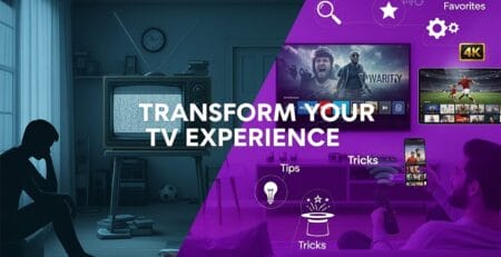 Split-screen ad contrasting a gloomy room with an old static-filled CRT TV and a modern living room streaming 4K content, with the headline Transform Your TV Experience and RentIPTV branding plus icons for tips, tricks, and favorites.