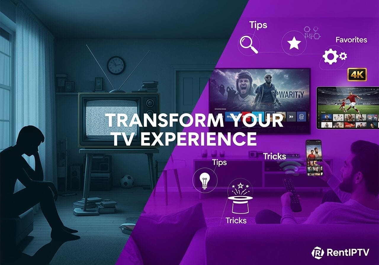 Split-screen ad contrasting a gloomy room with an old static-filled CRT TV and a modern living room streaming 4K content, with the headline Transform Your TV Experience and RentIPTV branding plus icons for tips, tricks, and favorites.