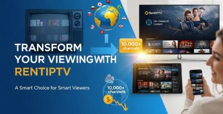 Banner promoting RentIPTV, showing an old TV transforming into modern streaming on a TV, tablet, and smartphone, advertising on-demand content and 10,000+ channels with the tagline Transform Your Viewing with RentIPTV.