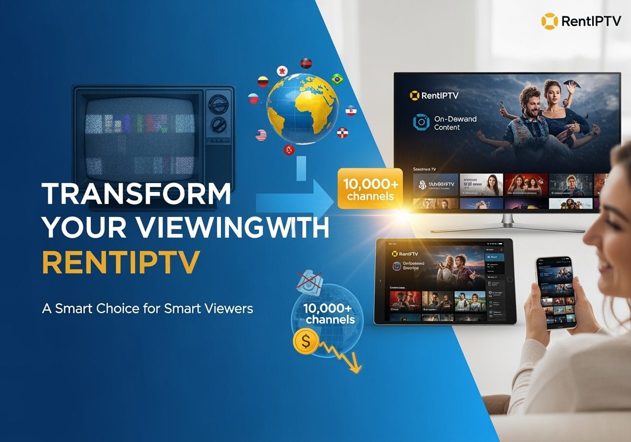 Banner promoting RentIPTV, showing an old TV transforming into modern streaming on a TV, tablet, and smartphone, advertising on-demand content and 10,000+ channels with the tagline Transform Your Viewing with RentIPTV.