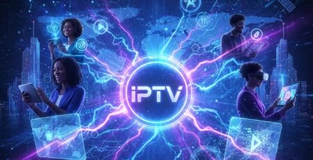 Futuristic promo showing a glowing IPTV hub radiating neon connections to people using phones, tablets, and VR, with a city skyline, satellites, play icons, and the headline Unleashing the Power of IPTV.