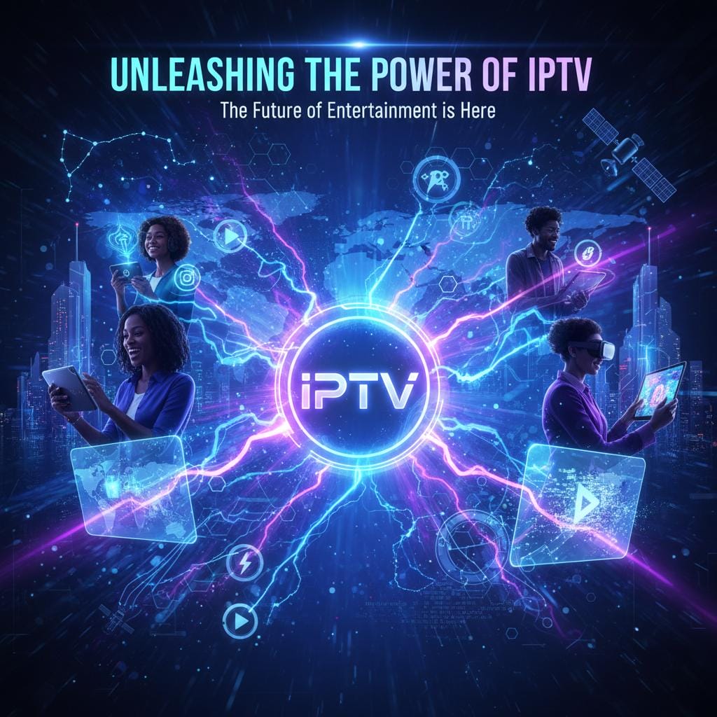 Futuristic promo showing a glowing IPTV hub radiating neon connections to people using phones, tablets, and VR, with a city skyline, satellites, play icons, and the headline Unleashing the Power of IPTV.