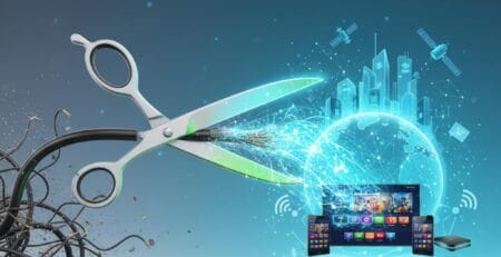 Promotional graphic with the headline “CUTTING THE CORD: IPTV IS THE FUTURE,” showing scissors cutting a tangle of cables as a glowing digital globe, satellites, and multiple streaming screens symbolize the shift from cable TV to IPTV.