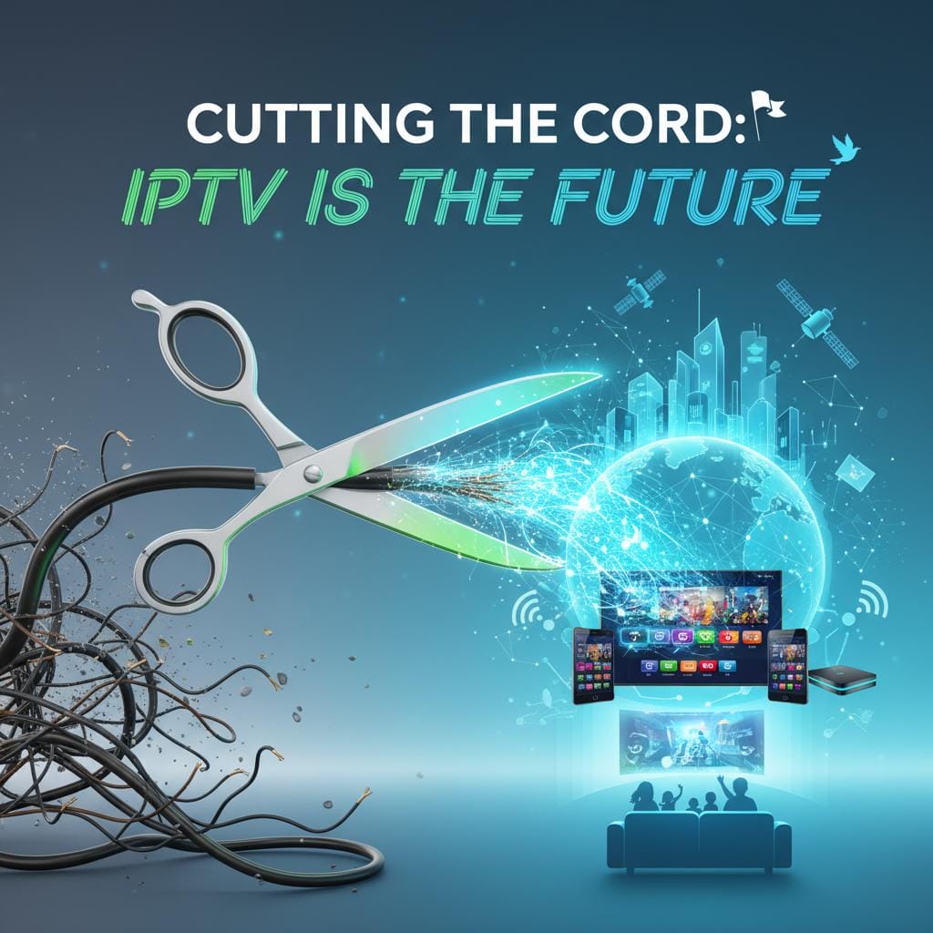 Promotional graphic with the headline “CUTTING THE CORD: IPTV IS THE FUTURE,” showing scissors cutting a tangle of cables as a glowing digital globe, satellites, and multiple streaming screens symbolize the shift from cable TV to IPTV.