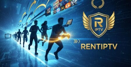 Futuristic RENTIPTV promo showing silhouettes running toward streaming screens and upward arrows, a winged R IPTV crest logo, and the tagline Stay Ahead with RENTIPTV: The Ultimate Entertainment Solution on a blue digital background.