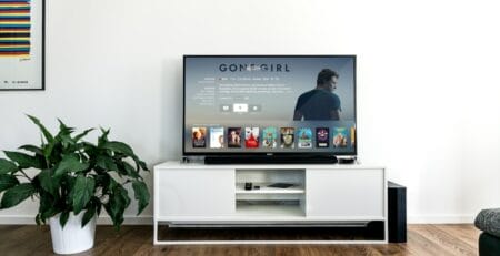Modern living room with a flat‑screen TV on a white media console displaying a streaming interface featuring Gone Girl, beside a large potted plant on hardwood floors.