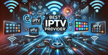 Futuristic neon-blue promo banner reading “Best IPTV Provider,” surrounded by TVs, a laptop, set‑top boxes, app icons, charts, and Wi‑Fi symbols to illustrate multi‑device streaming.