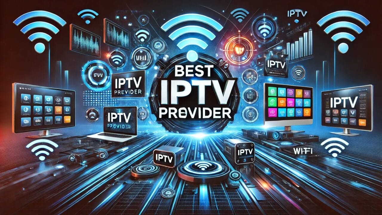 Futuristic neon-blue promo banner reading “Best IPTV Provider,” surrounded by TVs, a laptop, set‑top boxes, app icons, charts, and Wi‑Fi symbols to illustrate multi‑device streaming.