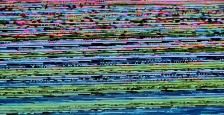 Multicolored horizontal glitch lines and pixel noise across a screen, resembling TV signal interference.