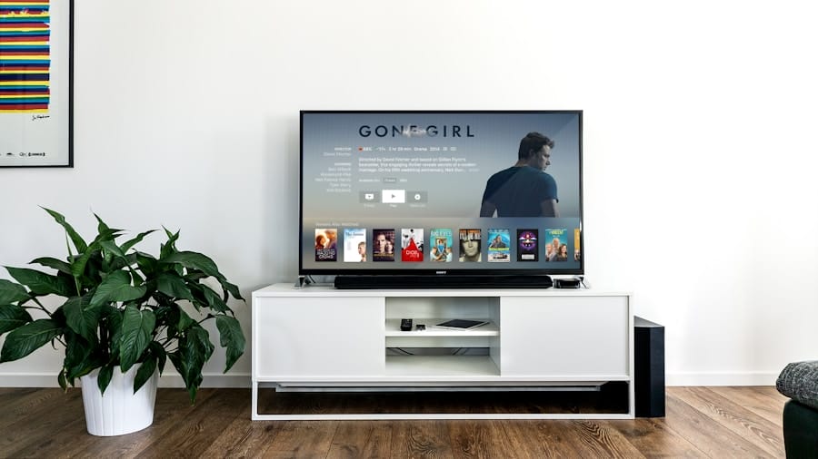 Minimalist living room with a flat-screen TV on a white media console displaying a streaming menu for Gone Girl, flanked by a large potted plant and a subwoofer on hardwood floors against a white wall.