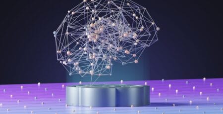 Abstract 3D rendering of a neural network–like brain formed by interconnected nodes and lines, hovering above a metallic podium on a purple-blue gradient stage with scattered spheres.